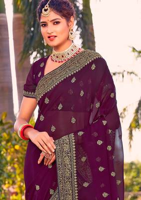 wine zari embroidered stone border georgette designer saree for women 3