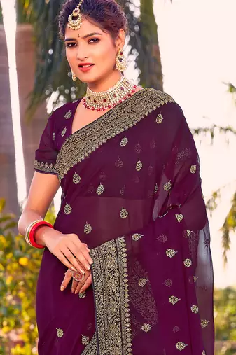 wine zari embroidered stone border georgette designer saree for women