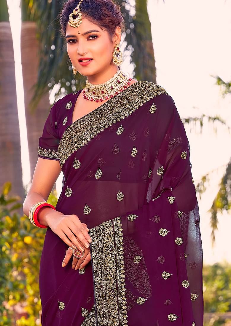 wine zari embroidered stone border georgette designer saree for women