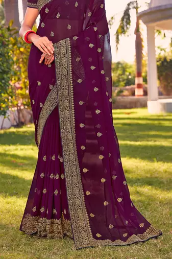 wine zari embroidered stone border georgette designer saree for women