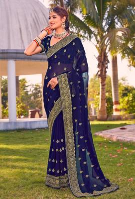 navy blue zari embroidered stone border georgette designer saree for women 1