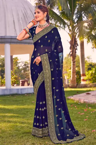 navy blue zari embroidered stone border georgette designer saree for women