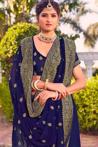 navy blue zari embroidered stone border georgette designer saree for women