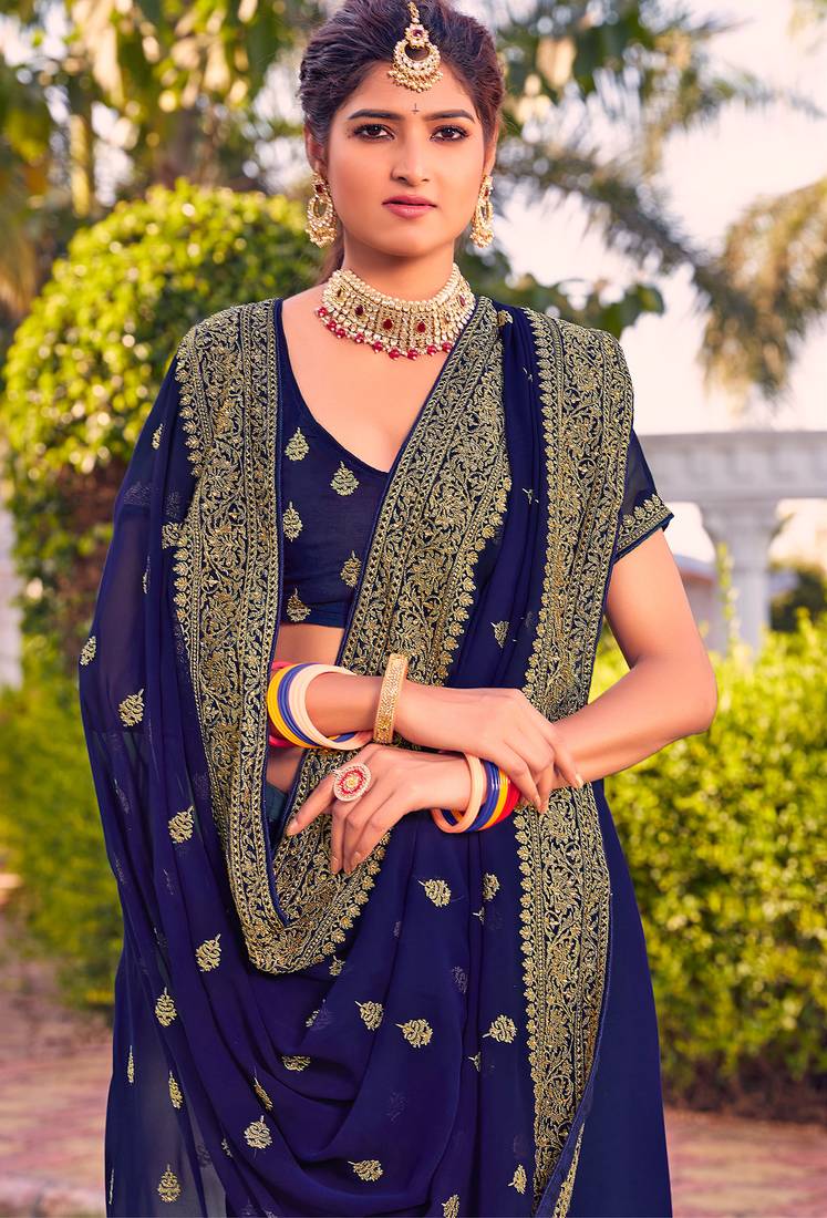 navy blue zari embroidered stone border georgette designer saree for women