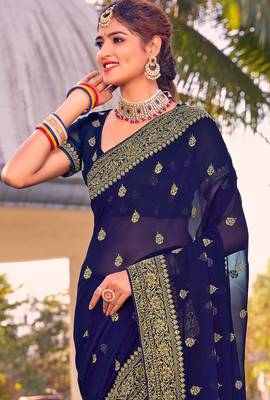 navy blue zari embroidered stone border georgette designer saree for women 3