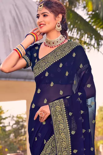 navy blue zari embroidered stone border georgette designer saree for women