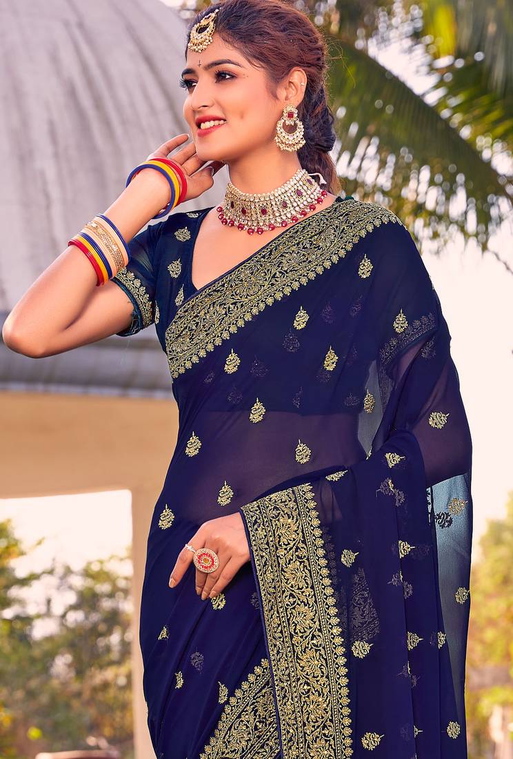 navy blue zari embroidered stone border georgette designer saree for women