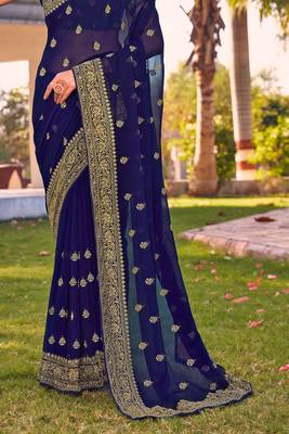 navy blue zari embroidered stone border georgette designer saree for women 4