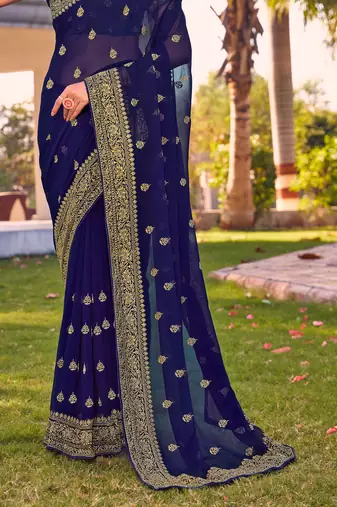 navy blue zari embroidered stone border georgette designer saree for women