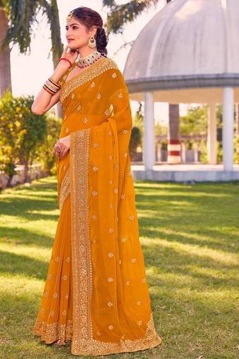 mustard zari embroidered stone border georgette designer saree for women