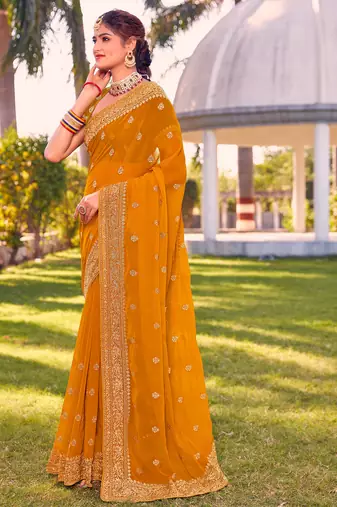 mustard zari embroidered stone border georgette designer saree for women