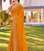 mustard zari embroidered stone border georgette designer saree for women