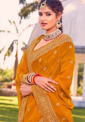 mustard zari embroidered stone border georgette designer saree for women 2