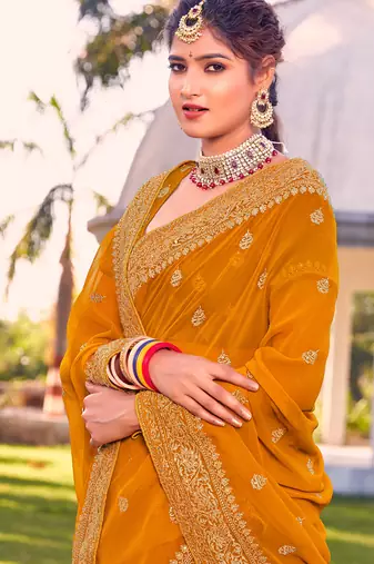 mustard zari embroidered stone border georgette designer saree for women