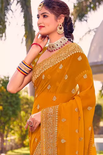 mustard zari embroidered stone border georgette designer saree for women