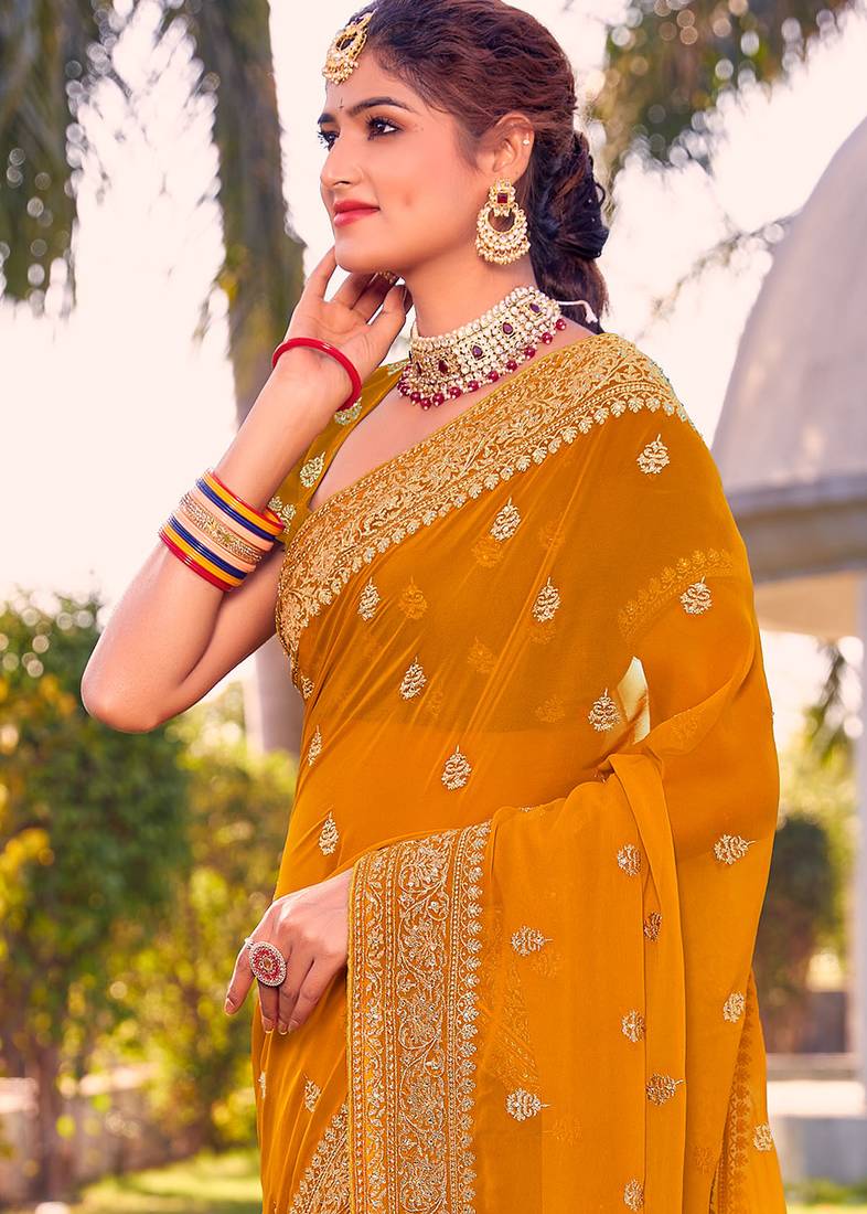 mustard zari embroidered stone border georgette designer saree for women