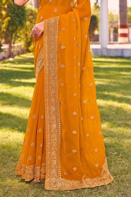 mustard zari embroidered stone border georgette designer saree for women 4