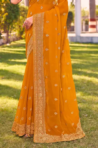mustard zari embroidered stone border georgette designer saree for women