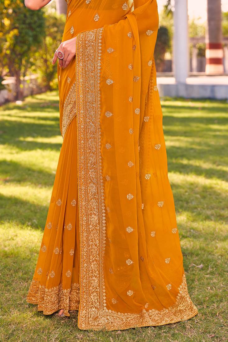 mustard zari embroidered stone border georgette designer saree for women