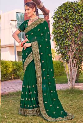 bottle green zari embroidered stone border georgette designer saree for women 1