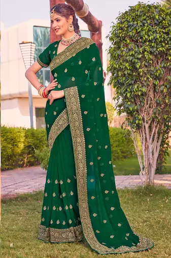 bottle green zari embroidered stone border georgette designer saree for women
