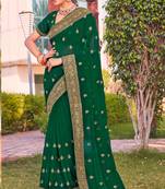 bottle green zari embroidered stone border georgette designer saree for women