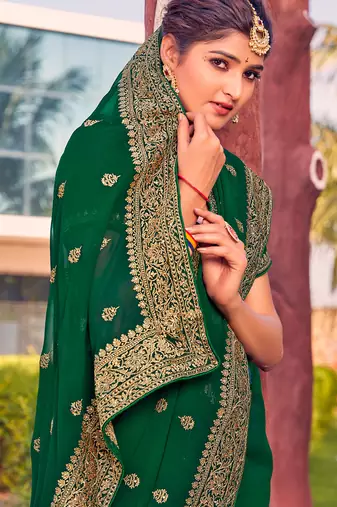 bottle green zari embroidered stone border georgette designer saree for women