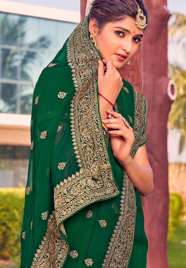 bottle green zari embroidered stone border georgette designer saree for women