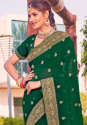 bottle green zari embroidered stone border georgette designer saree for women 3