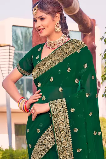 bottle green zari embroidered stone border georgette designer saree for women