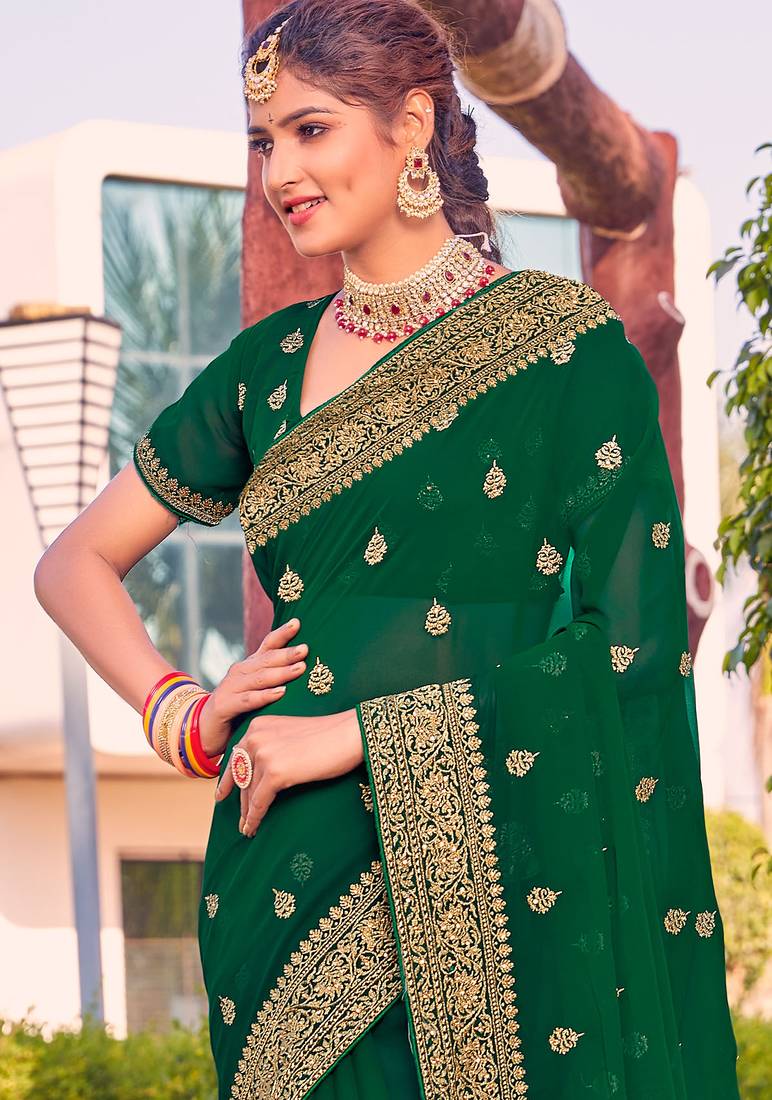 bottle green zari embroidered stone border georgette designer saree for women