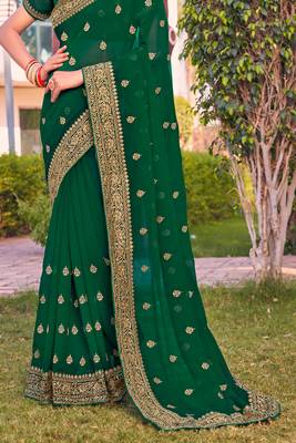 bottle green zari embroidered stone border georgette designer saree for women 4