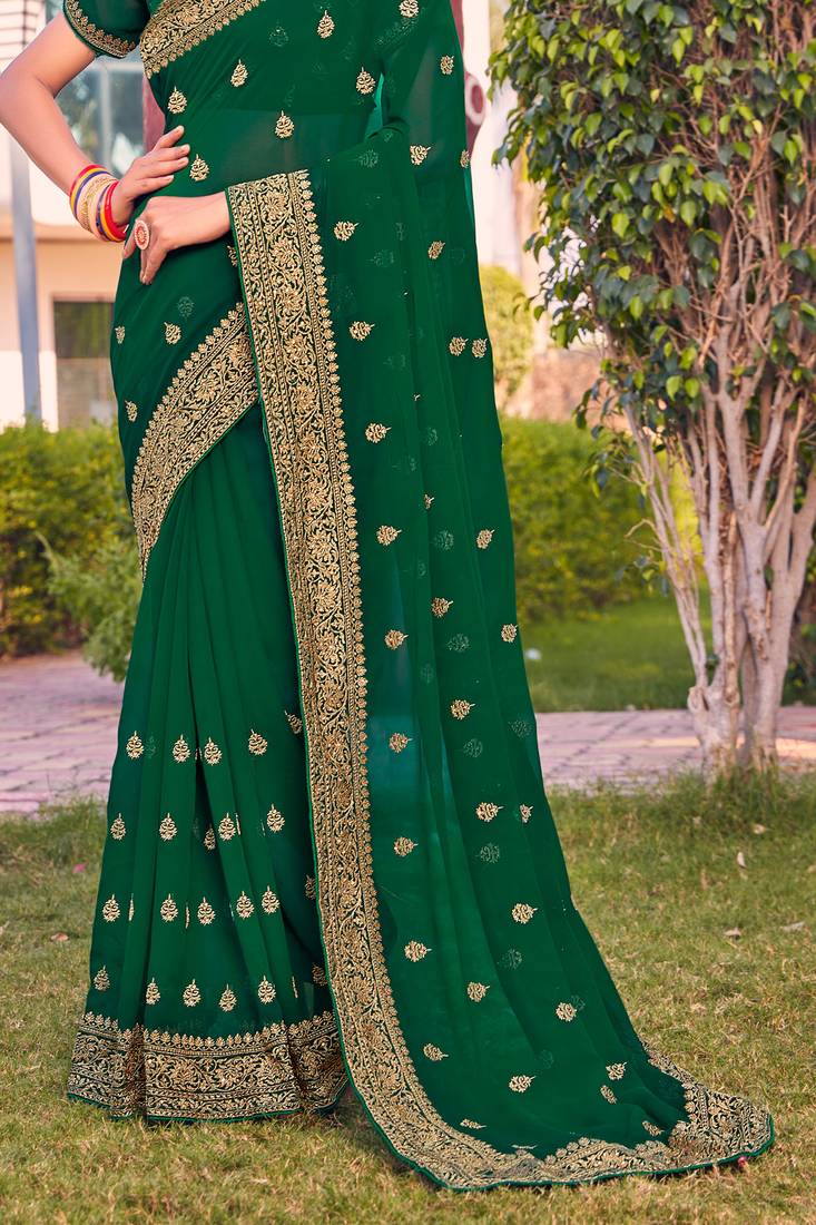 bottle green zari embroidered stone border georgette designer saree for women
