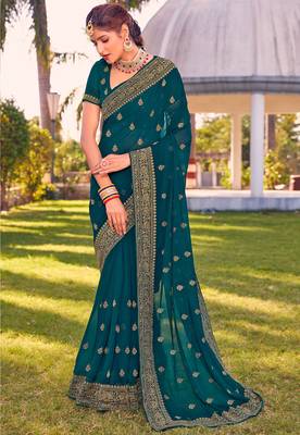 teal blue zari embroidered stone border georgette designer saree for women 1