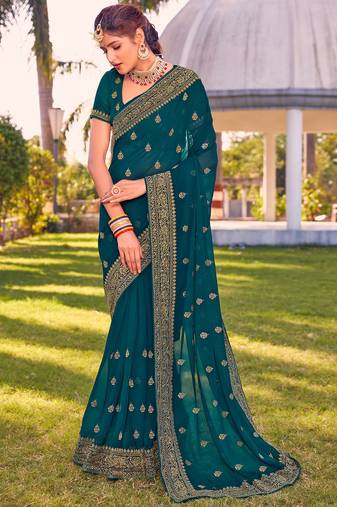 teal blue zari embroidered stone border georgette designer saree for women