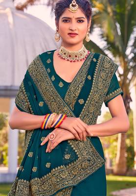 teal blue zari embroidered stone border georgette designer saree for women 2