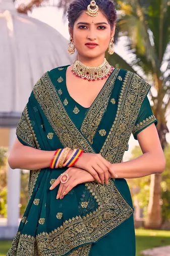 teal blue zari embroidered stone border georgette designer saree for women