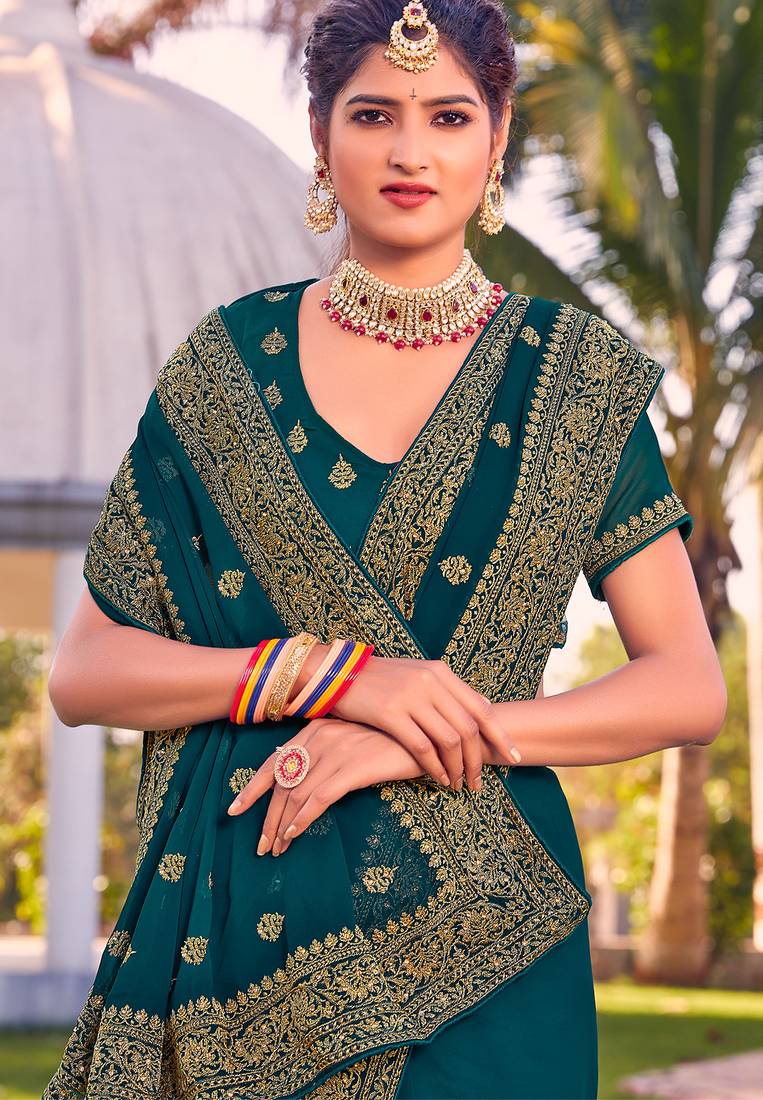 teal blue zari embroidered stone border georgette designer saree for women