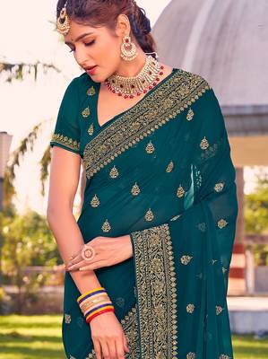 teal blue zari embroidered stone border georgette designer saree for women 3
