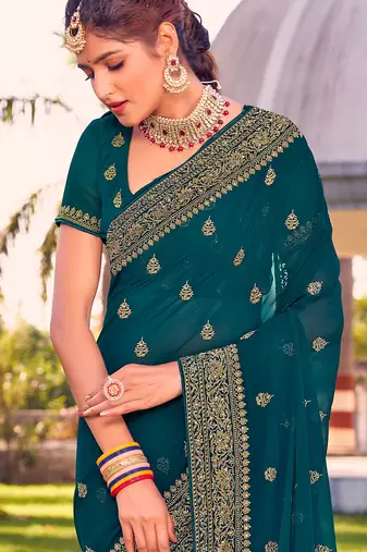 teal blue zari embroidered stone border georgette designer saree for women