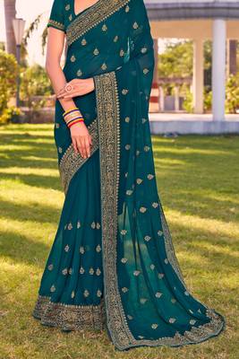 teal blue zari embroidered stone border georgette designer saree for women 4