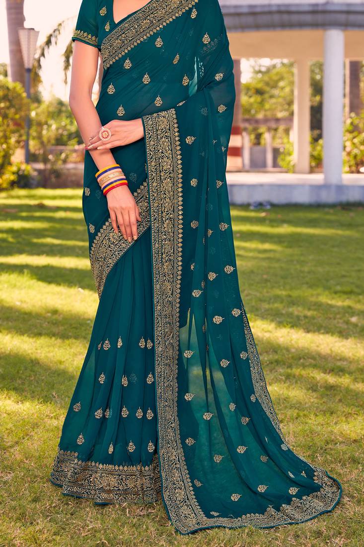 teal blue zari embroidered stone border georgette designer saree for women