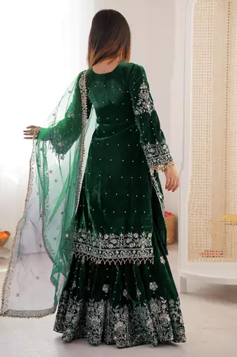 Green velvet sharara set with thread and sequence work