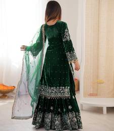 Green velvet sharara set with thread and sequence work