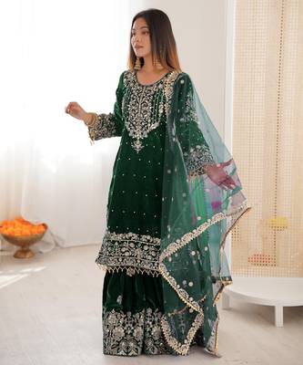 Green velvet sharara set with thread and sequence work 1