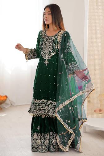 Green velvet sharara set with thread and sequence work