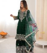 Green velvet sharara set with thread and sequence work