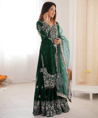 Green velvet sharara set with thread and sequence work 3