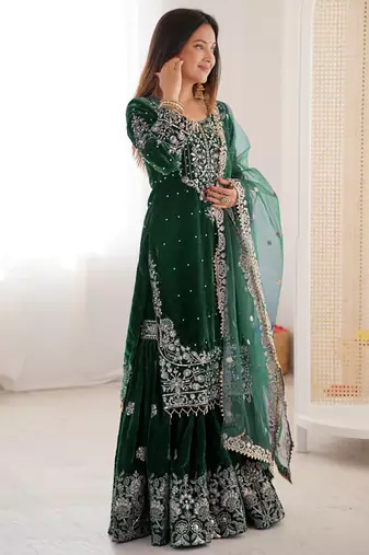 Green velvet sharara set with thread and sequence work