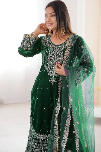 Green velvet sharara set with thread and sequence work